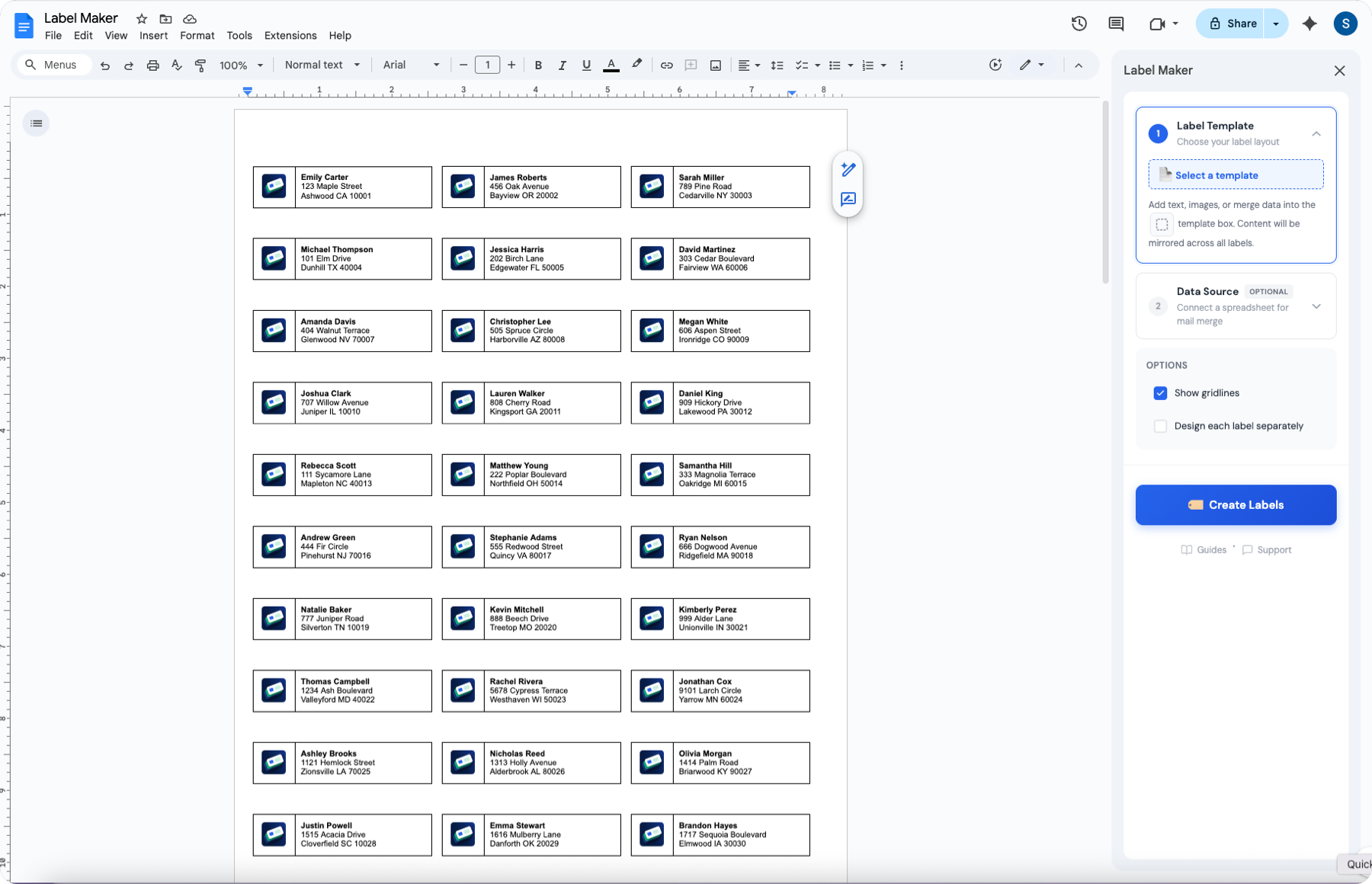 Mail merge demonstration showing spreadsheet data converted to personalized mailing labels